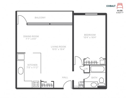 Floor plan for 1 bed, 1 bath, 646 sqft